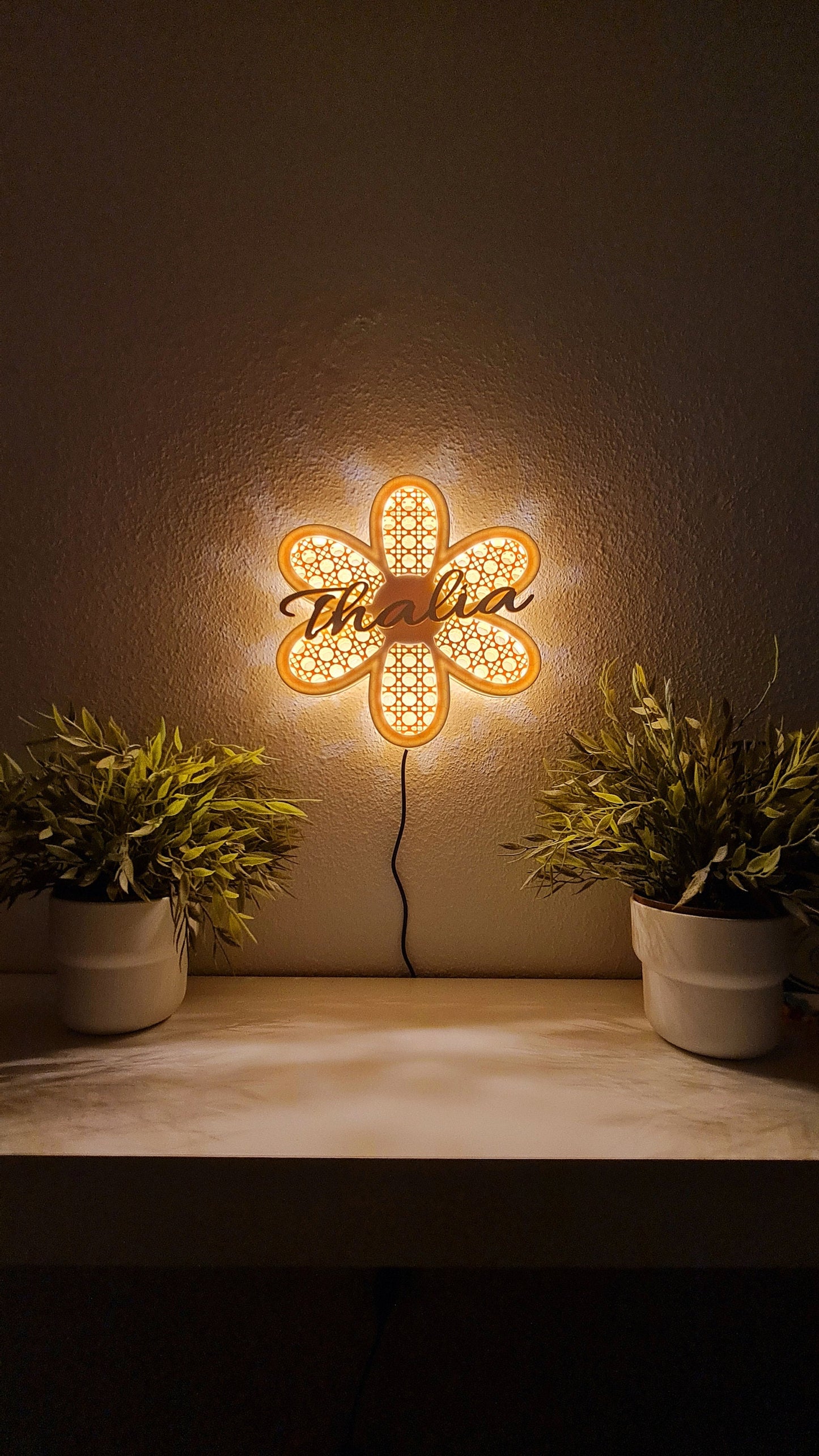 Handcrafted Rattan-Style Daisy Flower Wall Light with Personalized Name