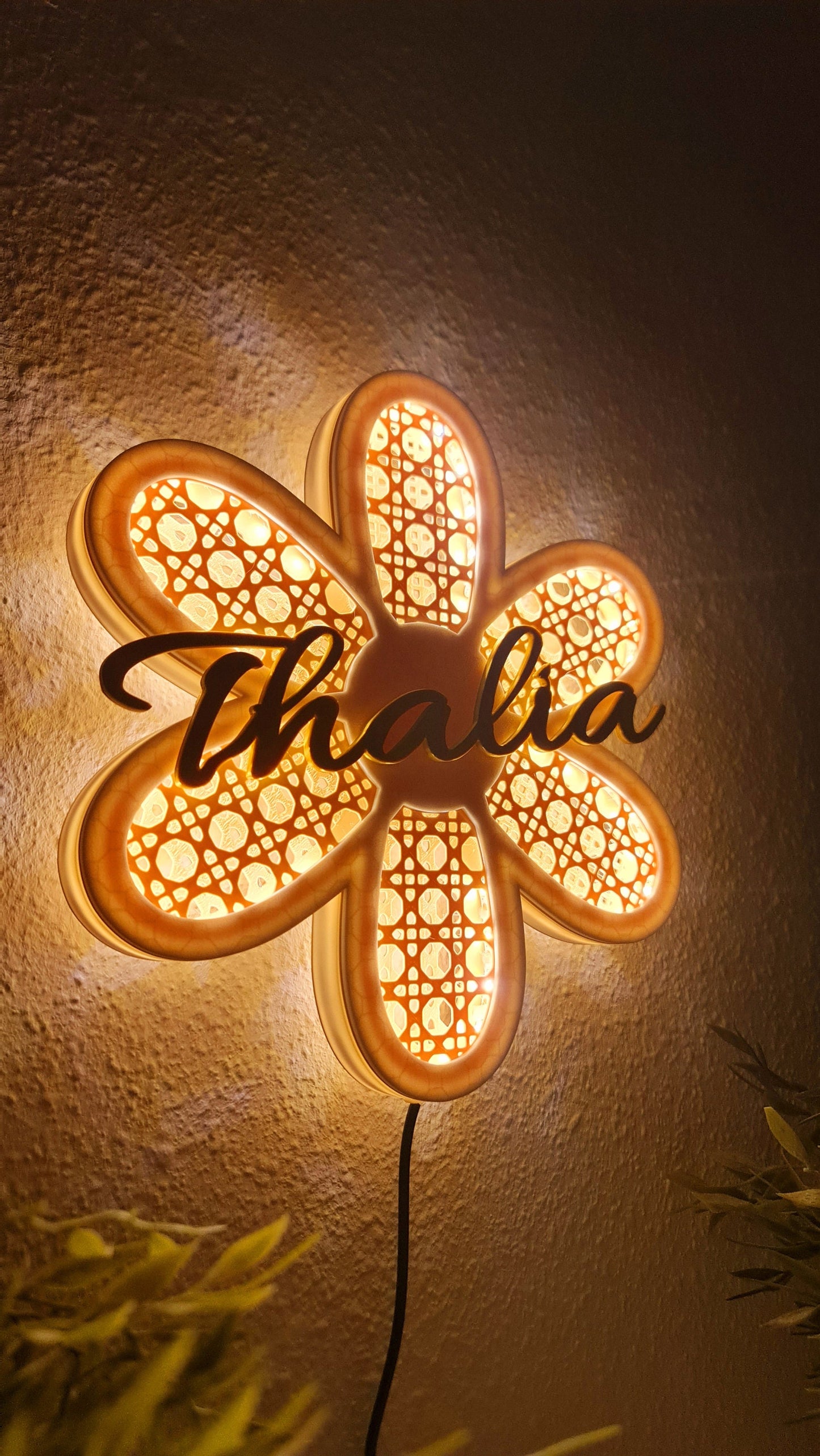 Handcrafted Rattan-Style Daisy Flower Wall Light with Personalized Name