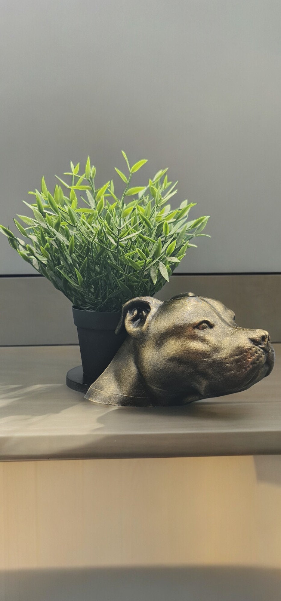 Handmade Pit Bull Bust Planter|Flower Pot with Antique Gold or Silver Patina