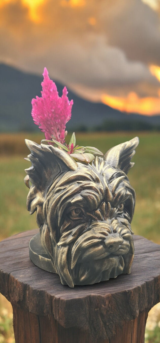 Handmade Yorkshire Terrier Bust Planter|Flower Pot with Antique Gold or Silver Patina