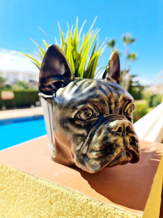 Handmade French Bulldog Bust Planter|Flower Pot with Antique Gold or Silver Patina