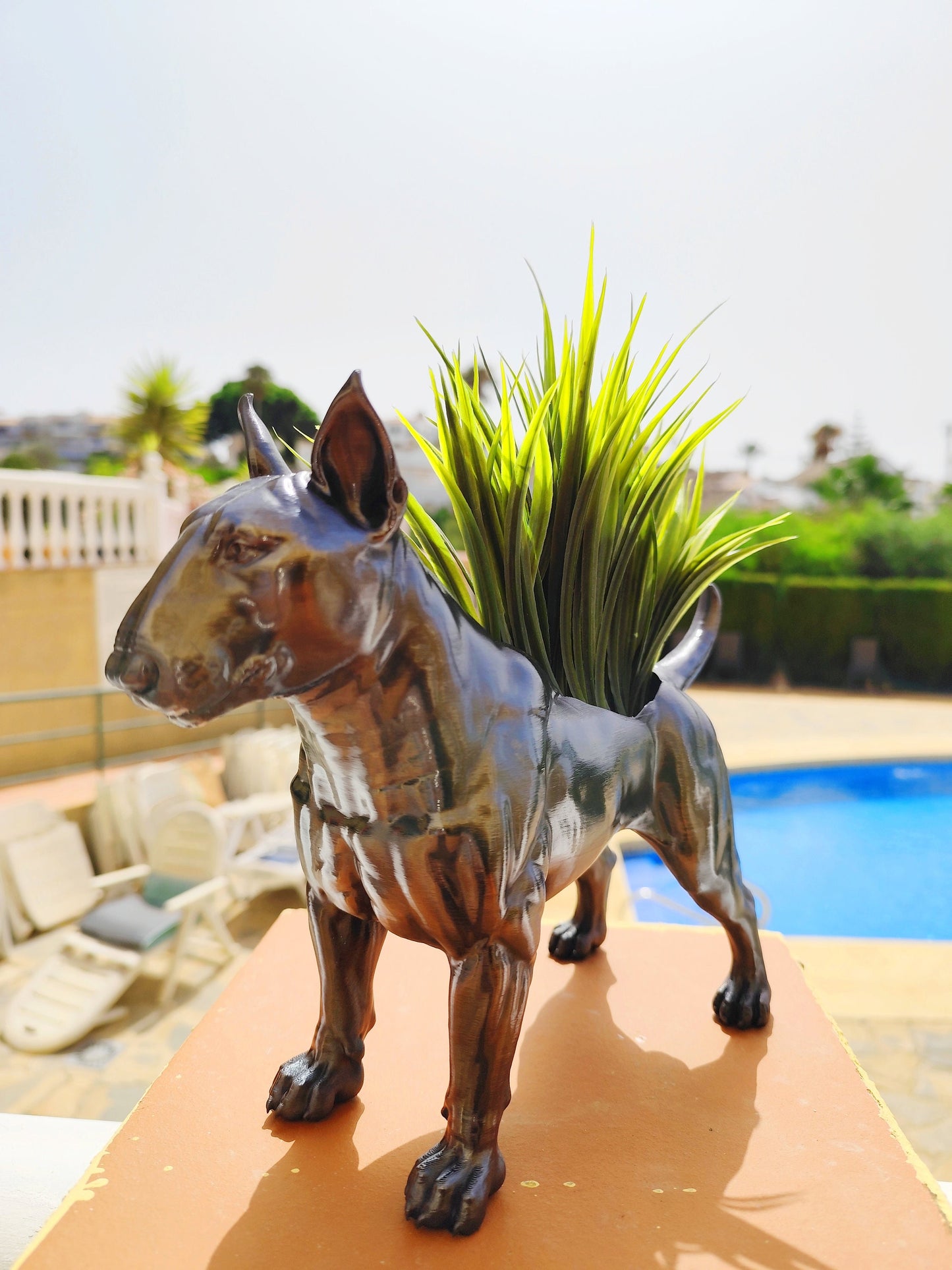 Handmade Bull Terrier Planter/Flower Pot with "Metal" Effect