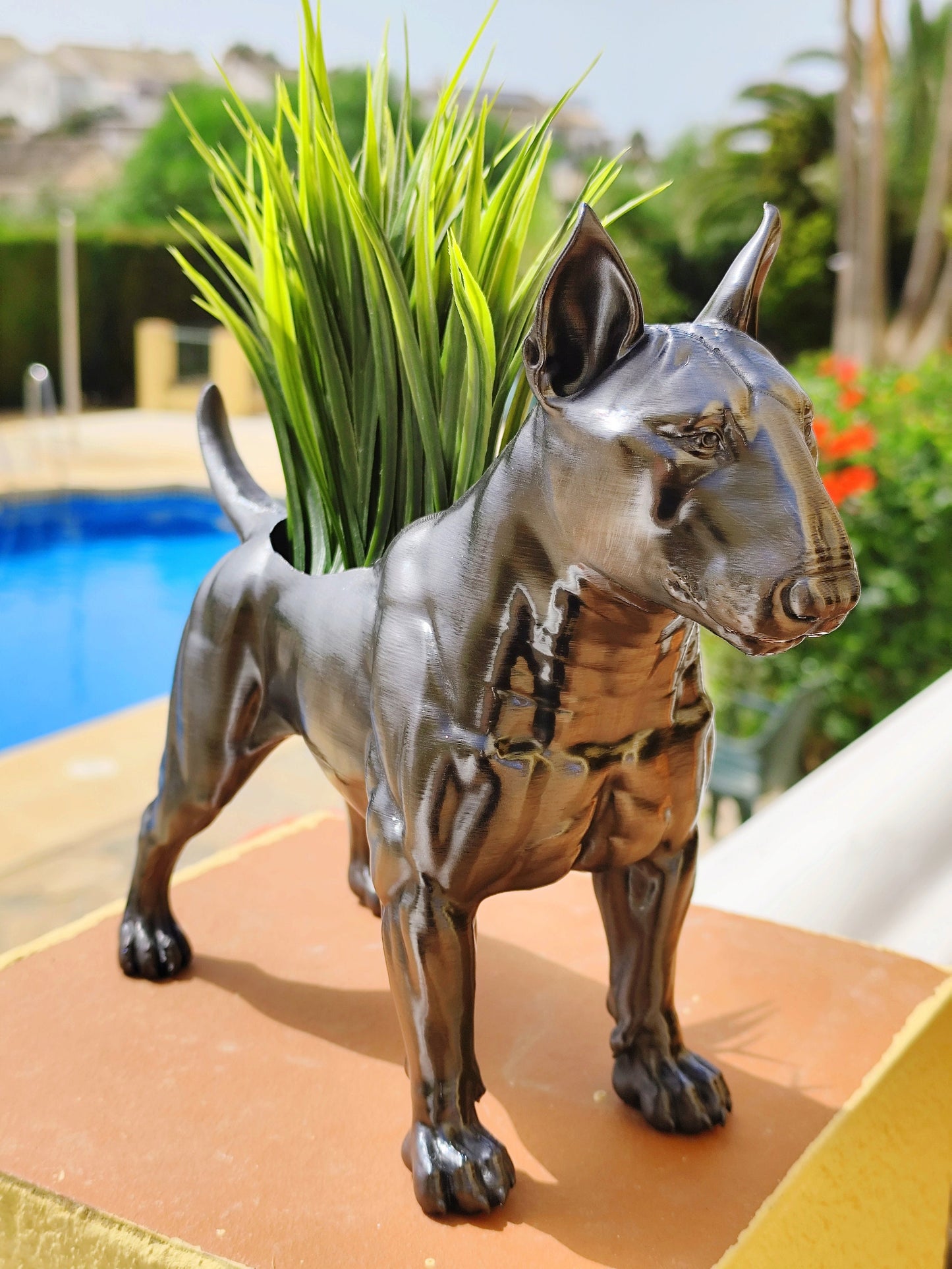 Handmade Bull Terrier Planter/Flower Pot with "Metal" Effect