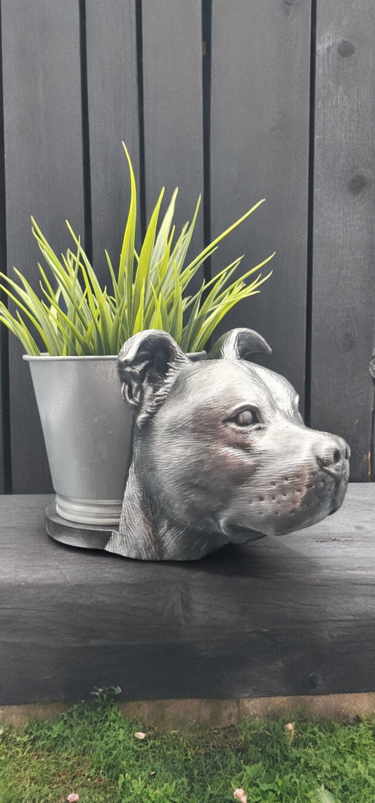 Handmade Staffordshire Terrier Bust Planter|Flower Pot with Antique Gold Patina