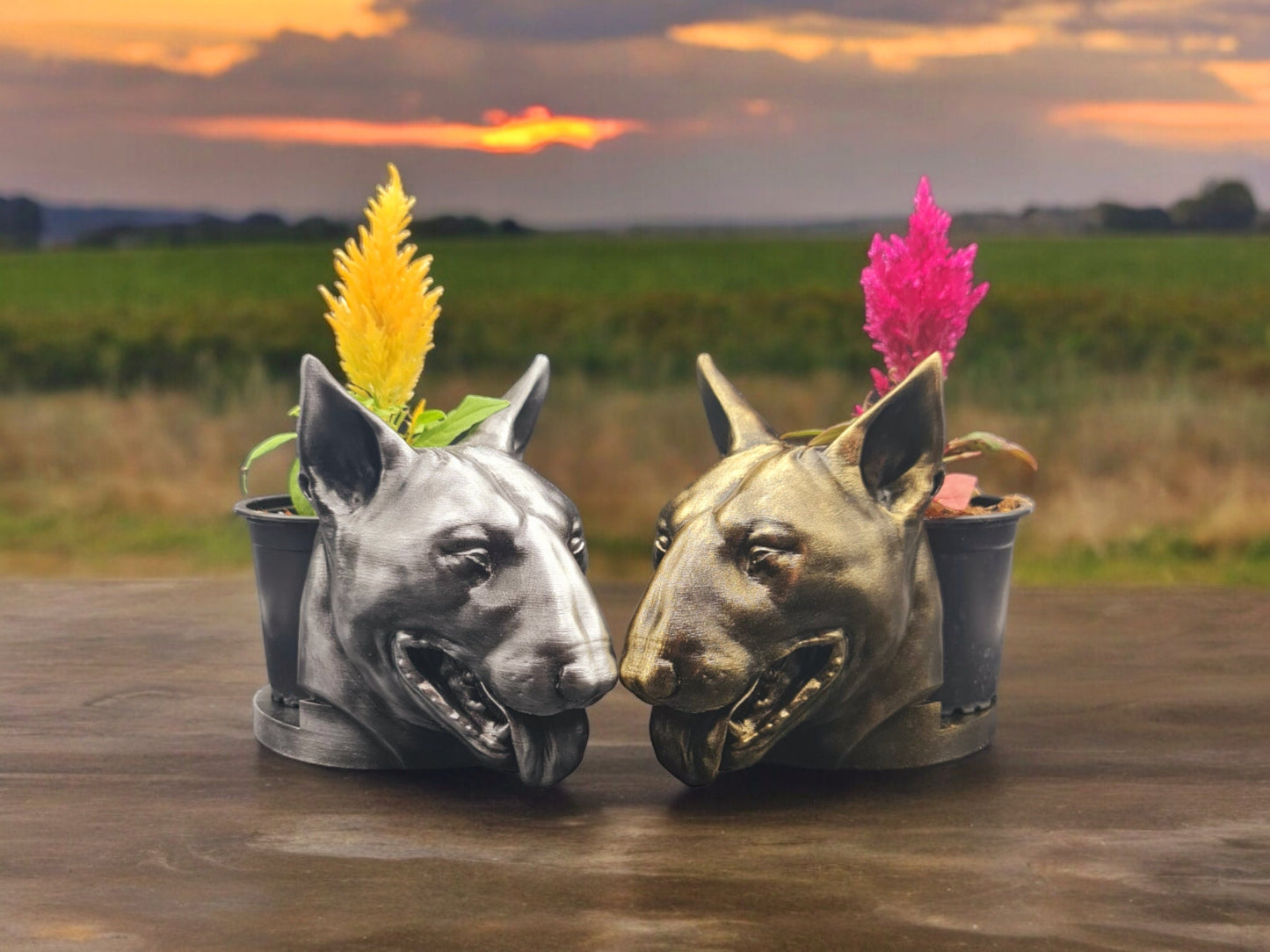 Handmade Bull Terrier Bust Planter|Flower Pot with Antique Gold or Silver Patina