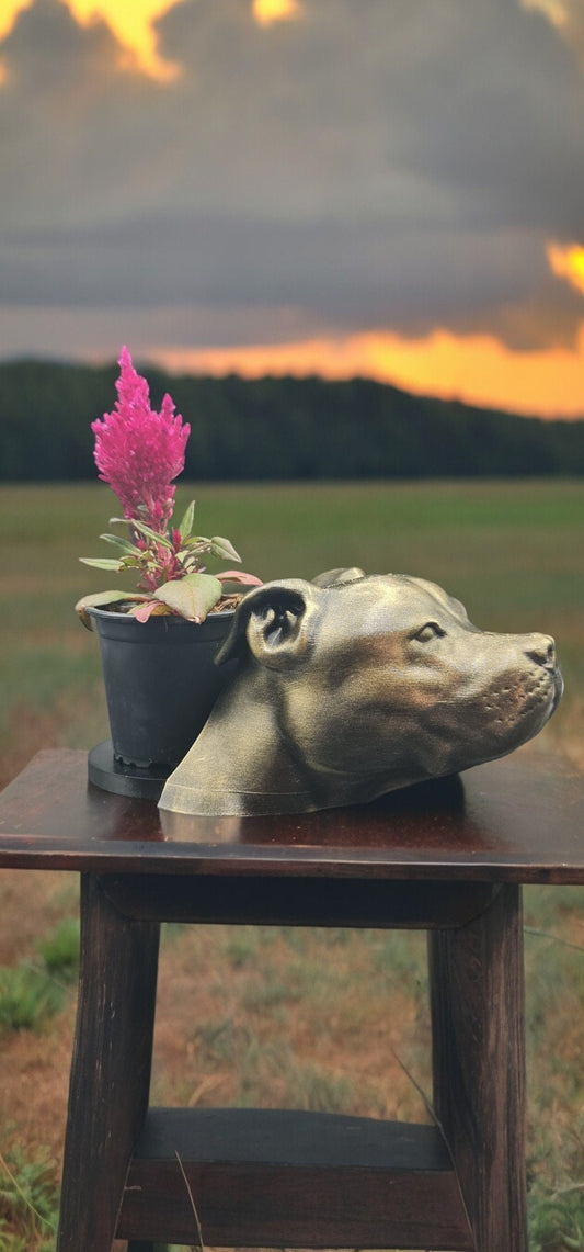 Handmade Pit Bull Bust Planter|Flower Pot with Antique Gold or Silver Patina