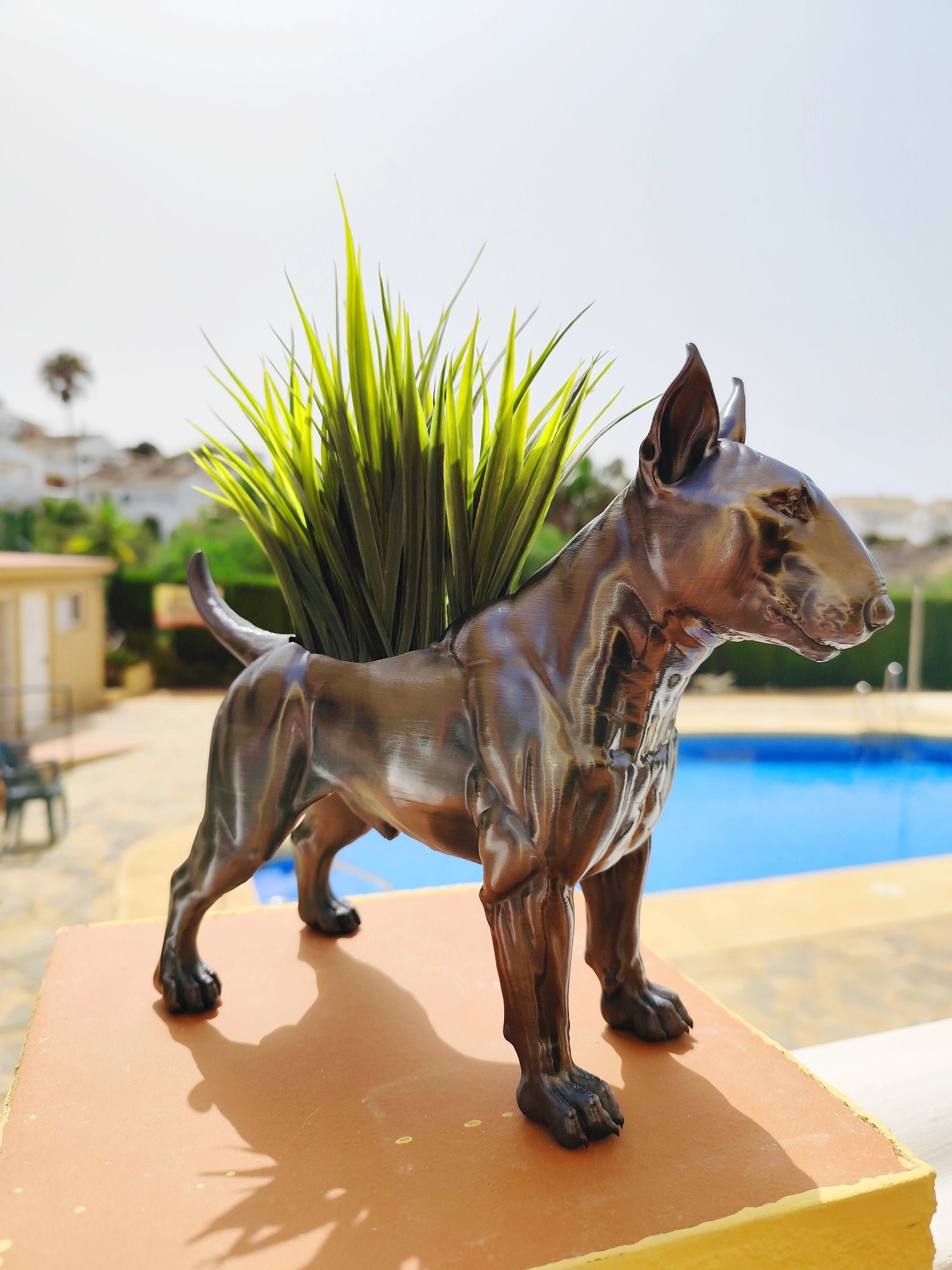 Handmade Bull Terrier Planter/Flower Pot with "Metal" Effect