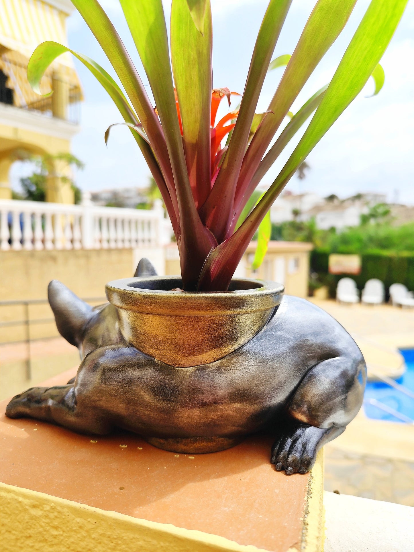 Hand-Painted Bull Terrier Dog Planter | Unique Dog Lover Gift | Silver & Gold Patina