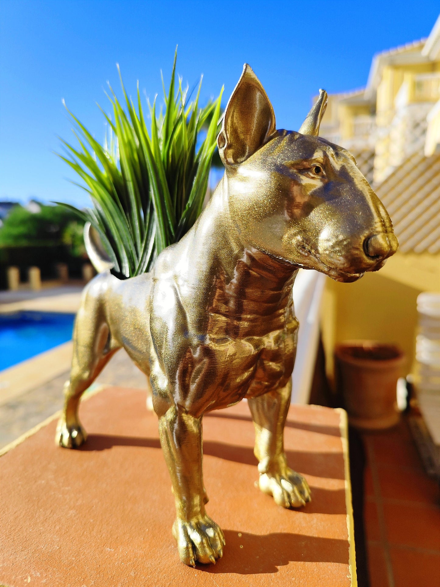 Handmade Bull Terrier Planter/Flower Pot with "Metal" Effect