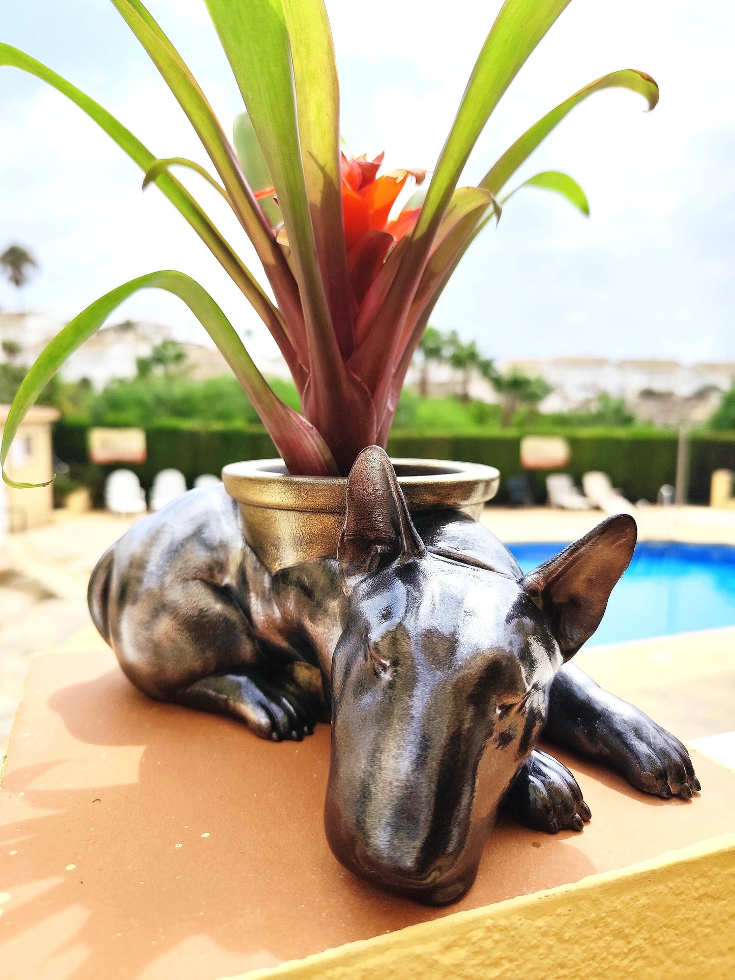 Hand-Painted Bull Terrier Dog Planter | Unique Dog Lover Gift | Silver & Gold Patina