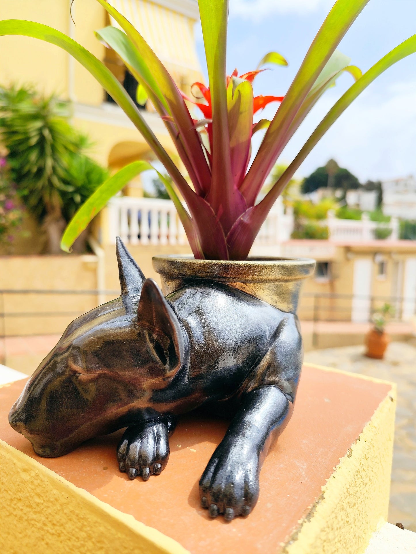 Hand-Painted Bull Terrier Dog Planter | Unique Dog Lover Gift | Silver & Gold Patina