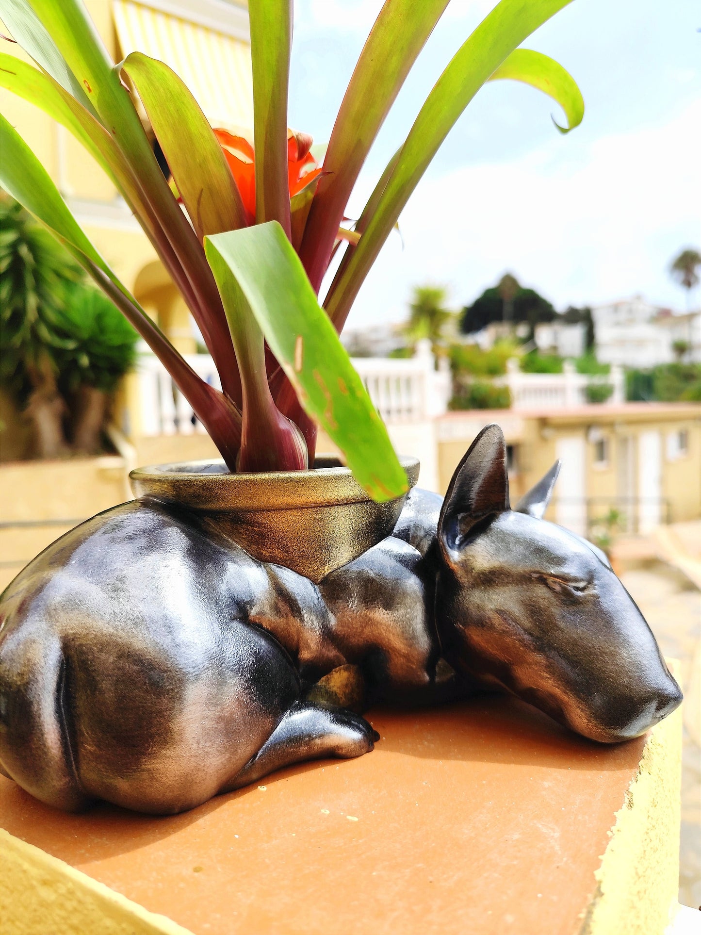 Hand-Painted Bull Terrier Dog Planter | Unique Dog Lover Gift | Silver & Gold Patina