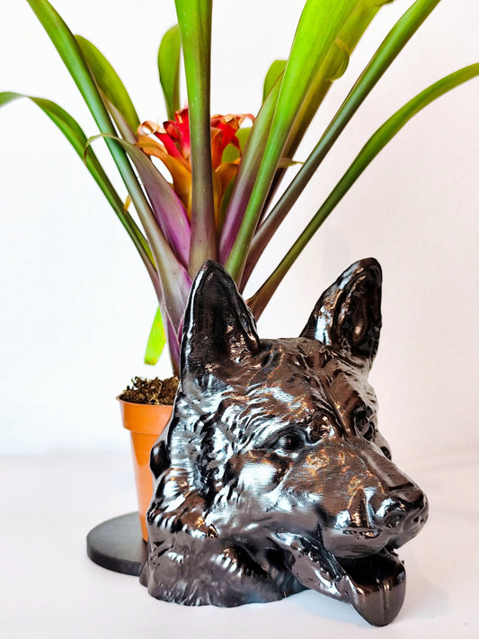 Handmade German Shepherd Bust Planter|Flower Pot with Antique Gold, Silver Patina or Metal finish.