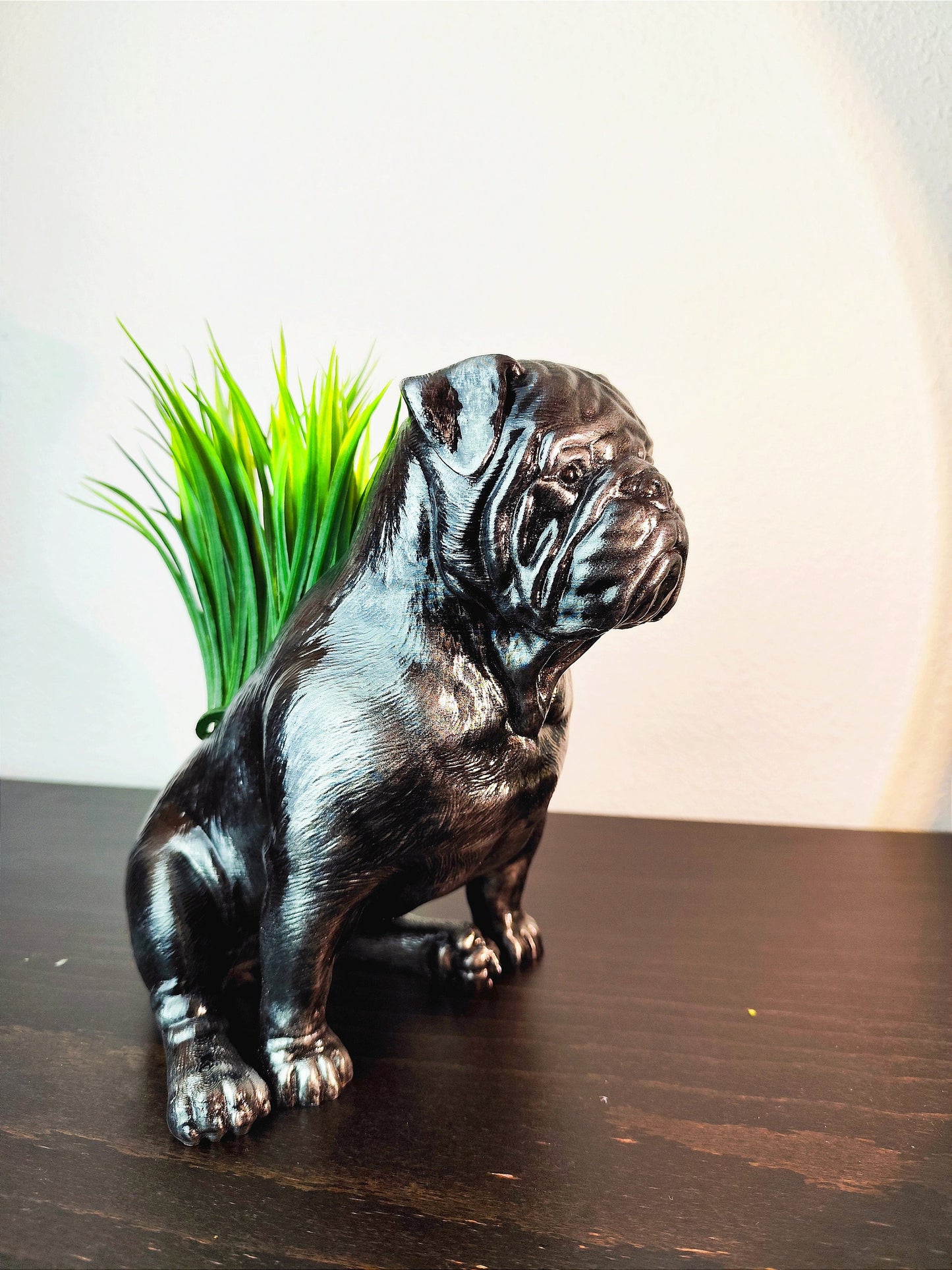 Handmade English Bulldog Full Body Planter|Flower Pot with Antique Gold, Silver Patina