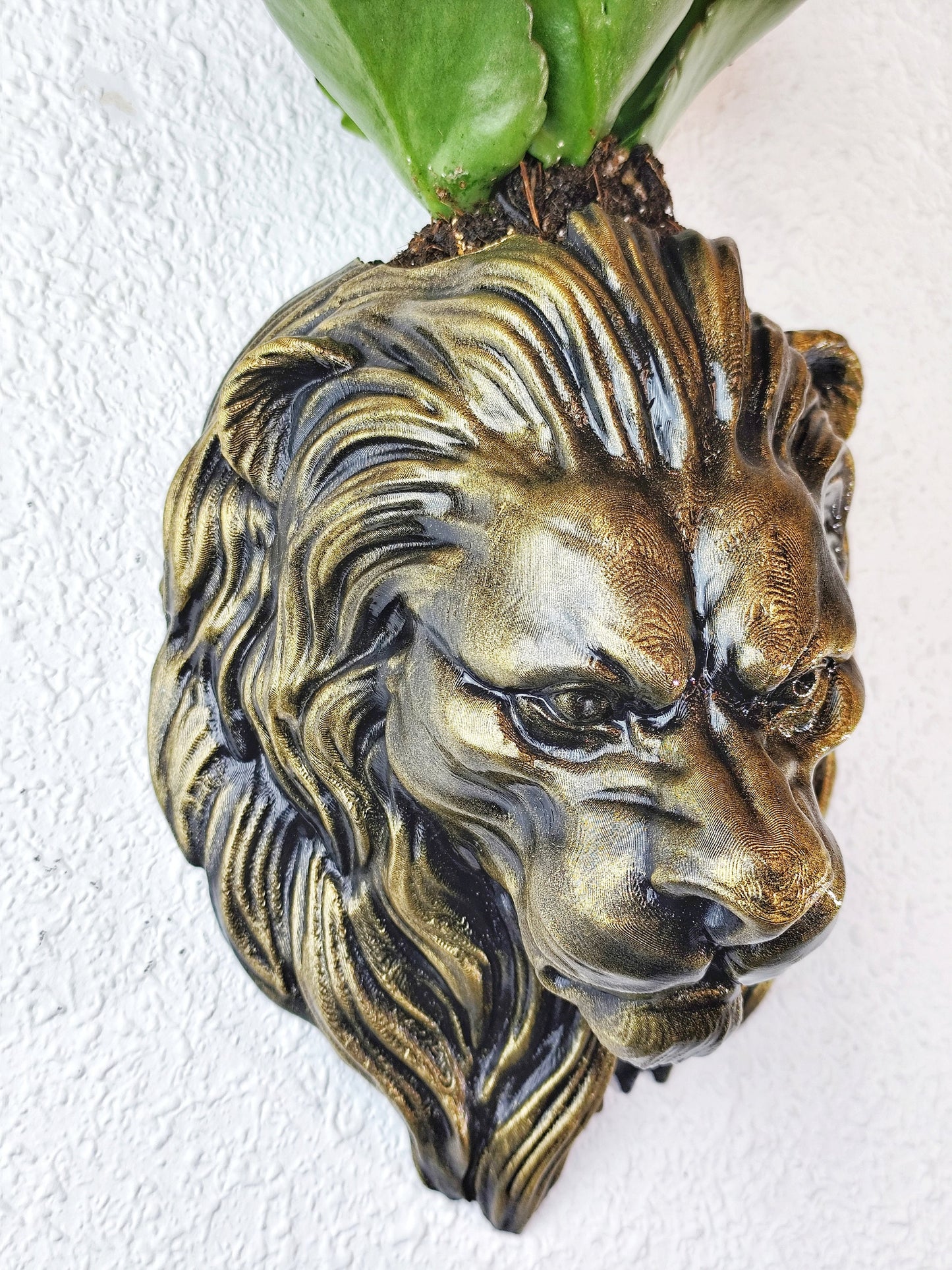 Gold Patina Lion Head Wall Planter