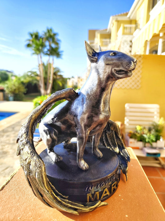 Custom Pet Memorial Statue with Angel Wings – Personalized Bull Terrier Tribute