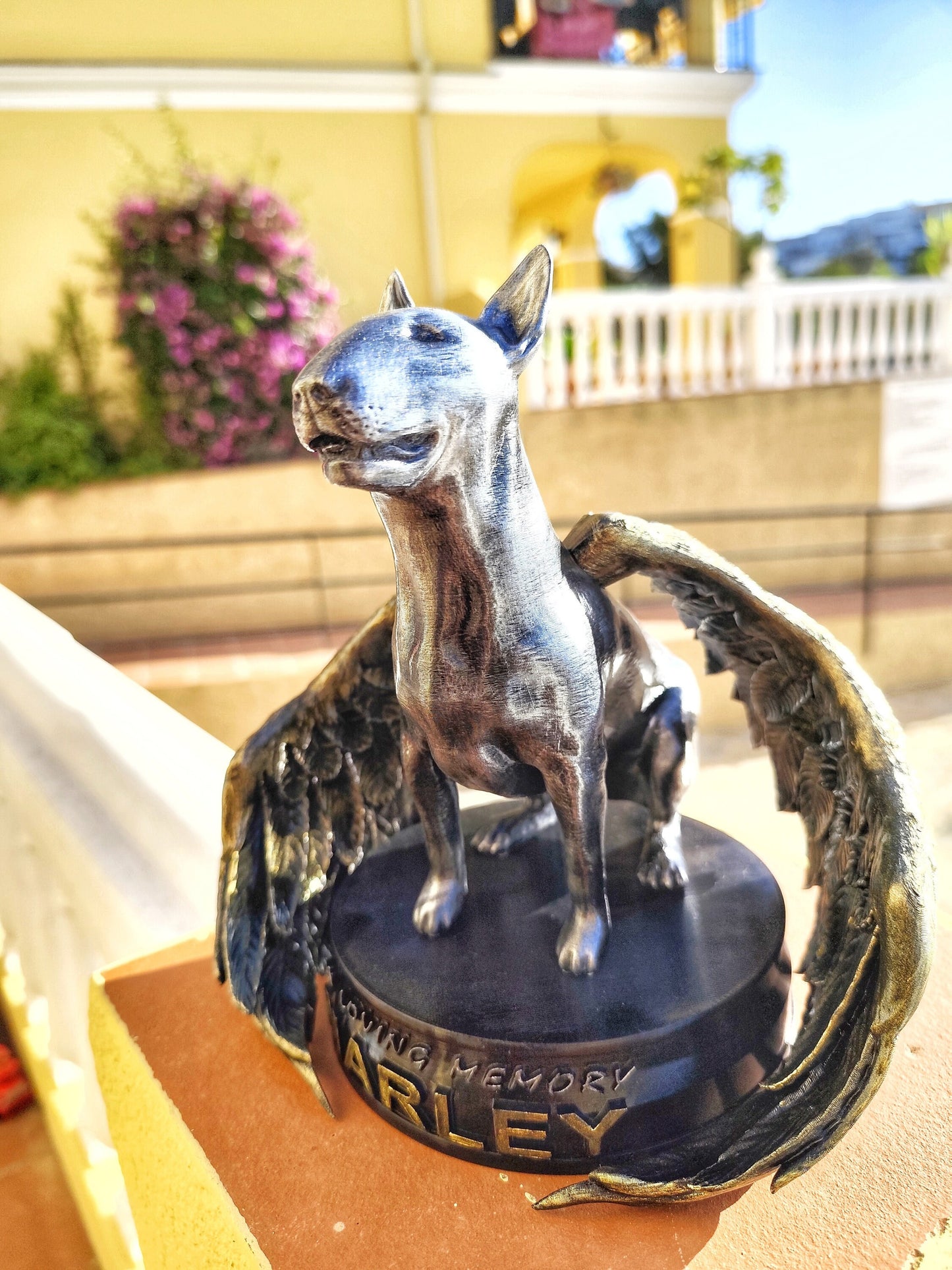 Custom Pet Memorial Statue with Angel Wings – Personalized Bull Terrier Tribute