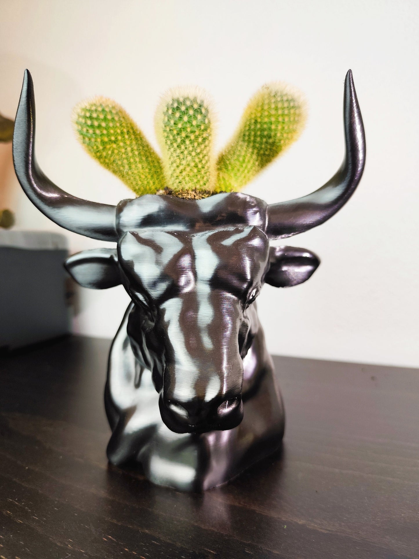 Hand-painted metallic bull head planter with gold accents, designed for holding succulents, displayed on a dark wooden surface.