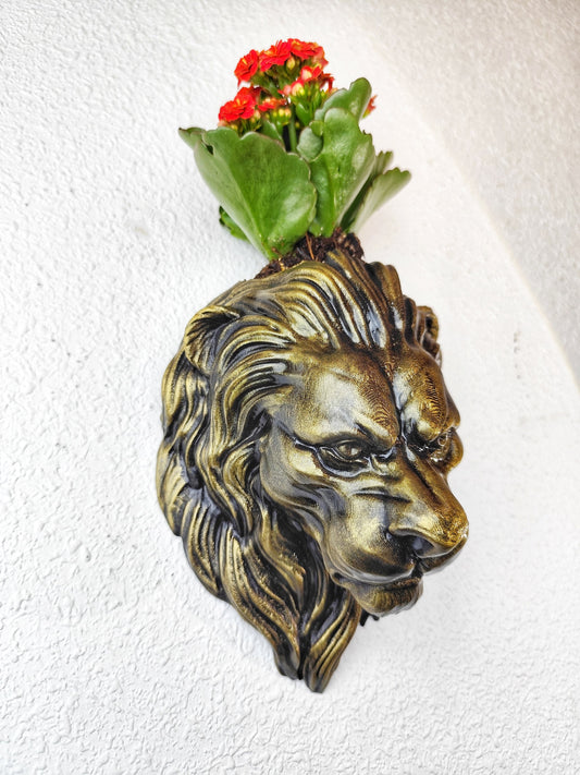 Gold Patina Lion Head Wall Planter