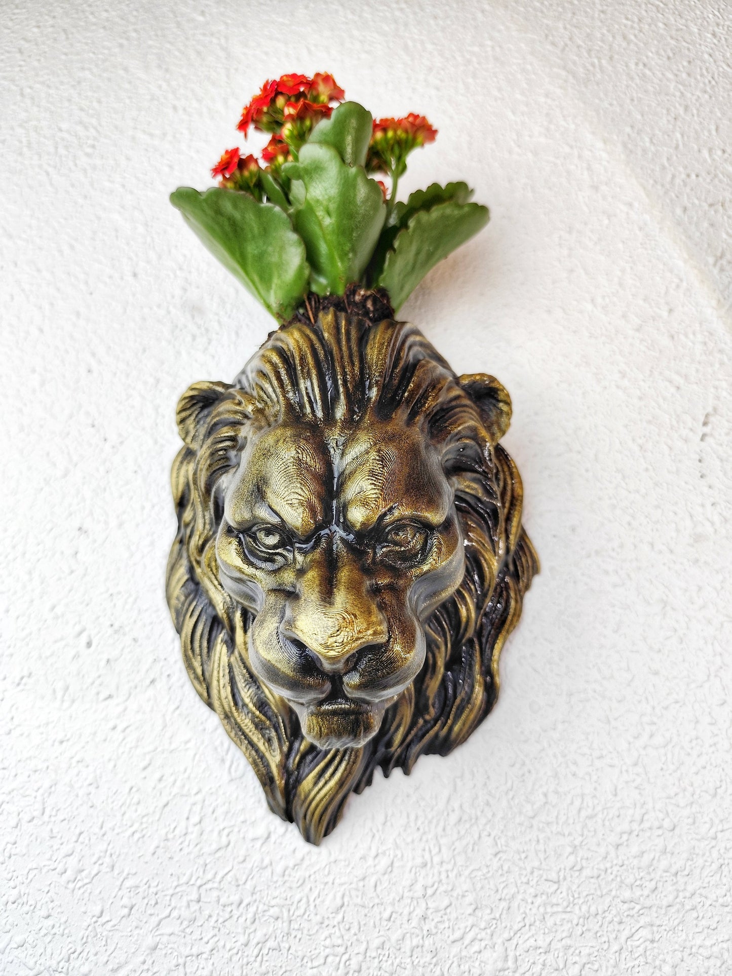 Gold Patina Lion Head Wall Planter