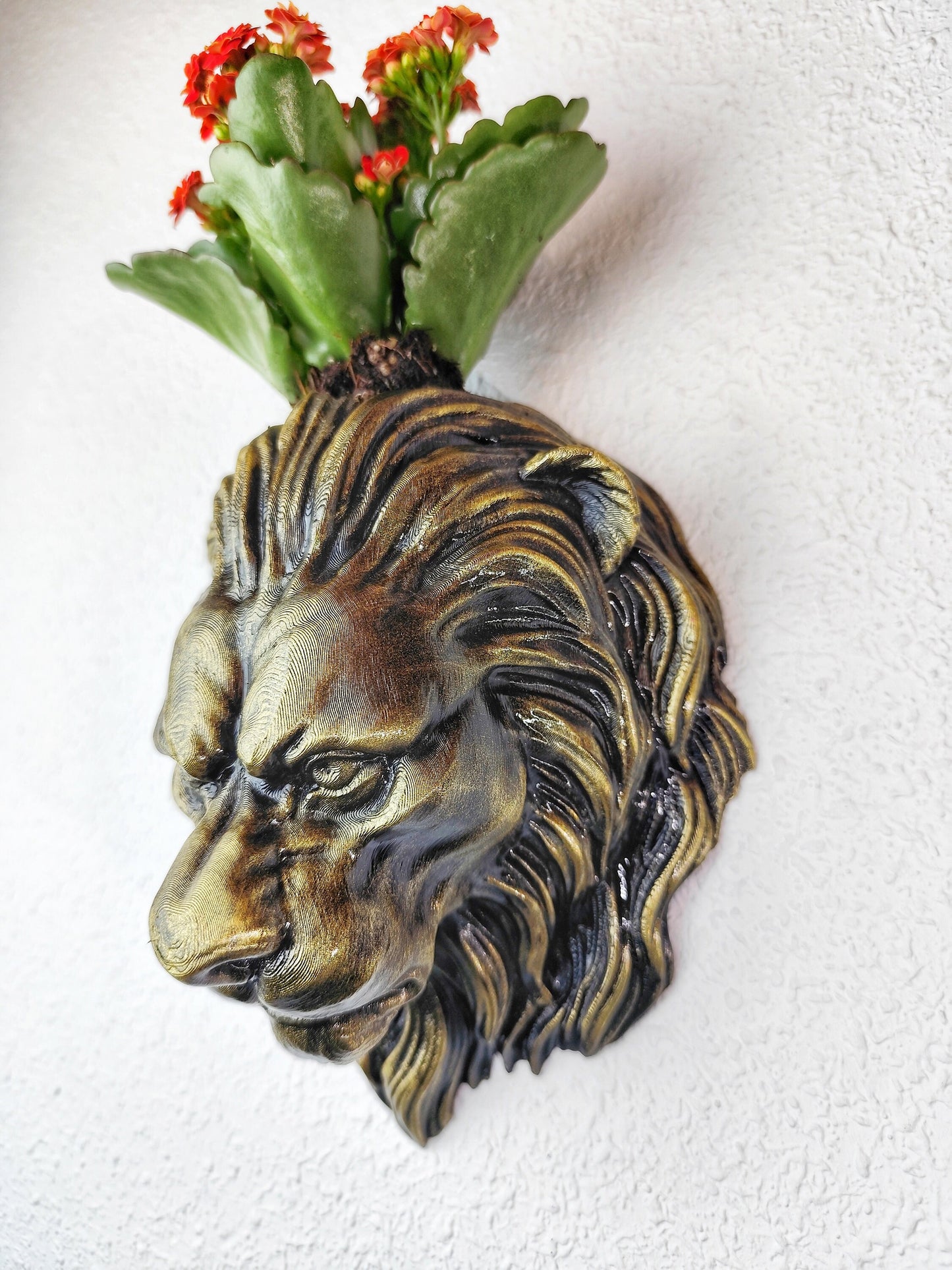 Gold Patina Lion Head Wall Planter