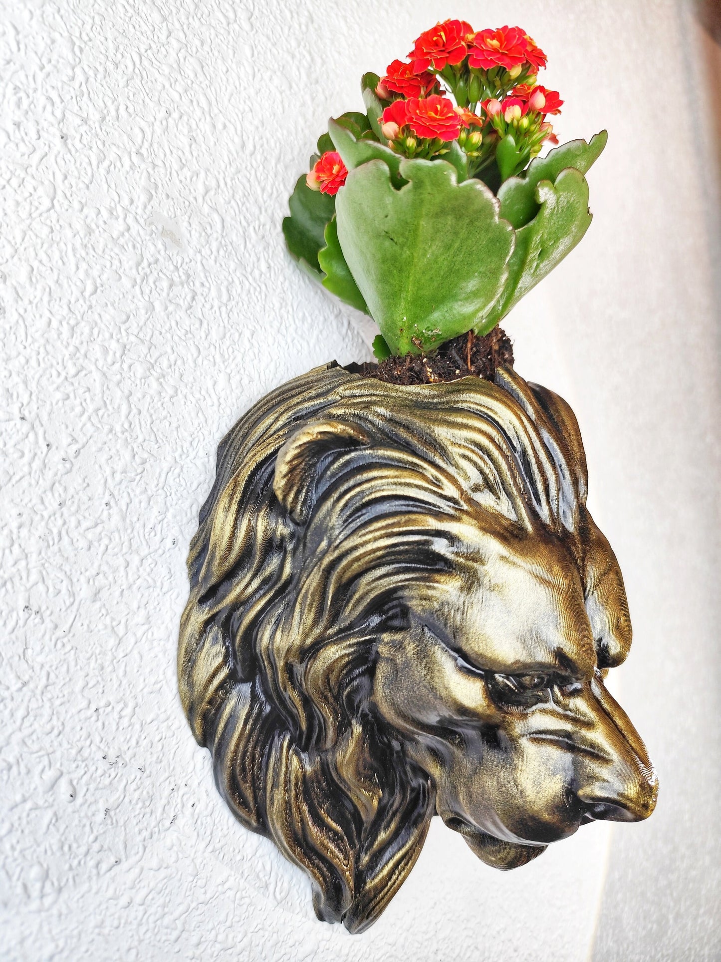 Gold Patina Lion Head Wall Planter