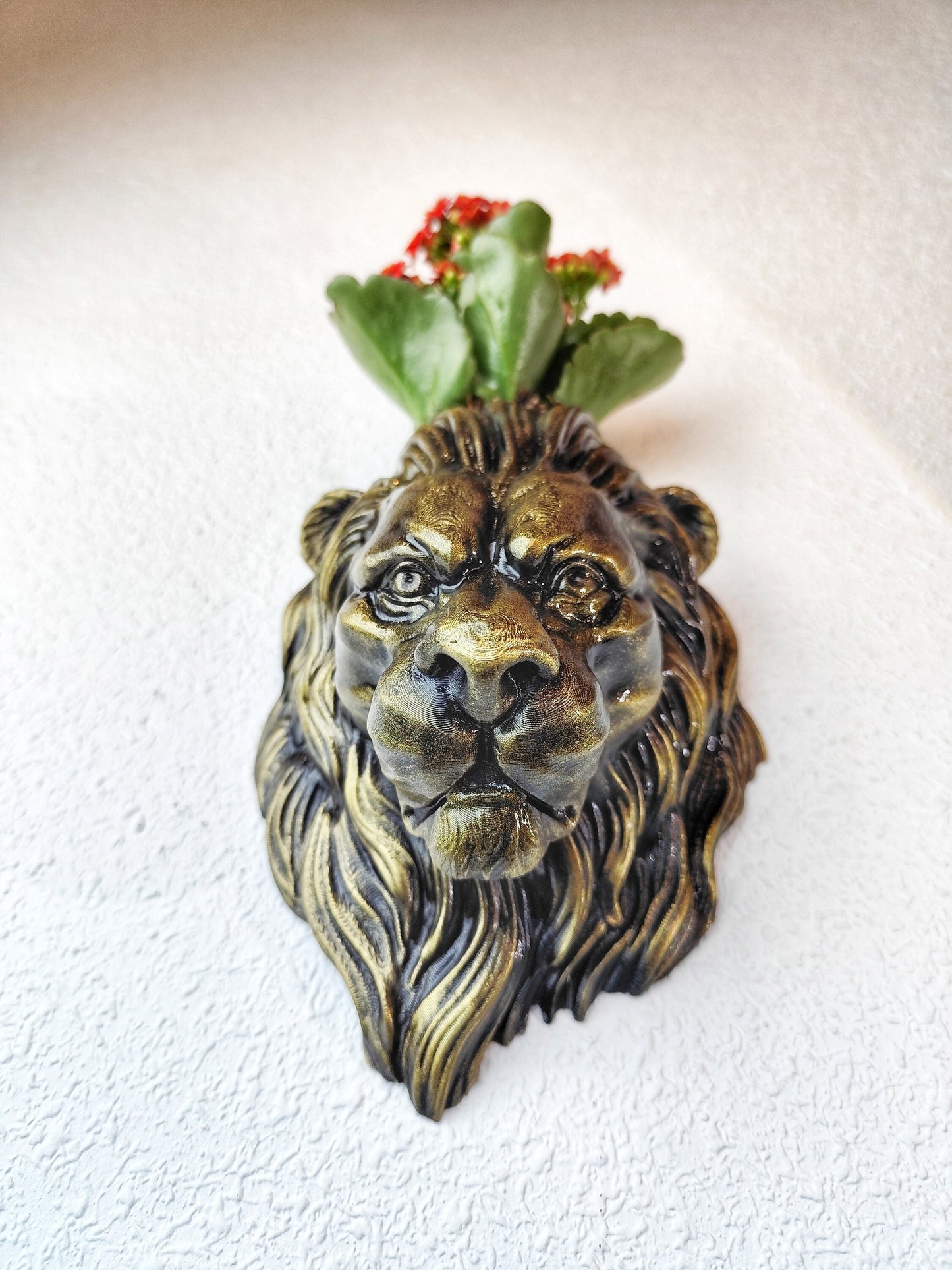 Gold Patina Lion Head Wall Planter